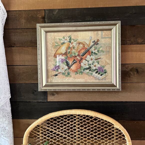 “Floral Harmony "14" x11" Cross Stitch Completed Silver Framed Violin Piano - Picture 2 of 7